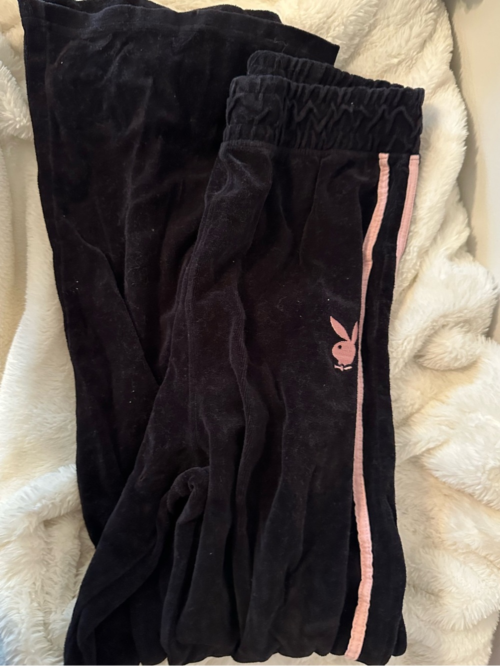 Rare Vintage PLAYBOY Black Velour Track Pants with Pink Trim - Picture 2 of 4